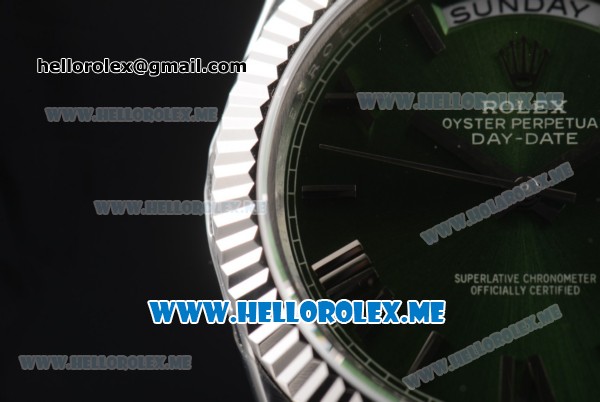 Rolex Day-Date Clone Rolex 3255 Automatic Stainless Steel Case/Bracelet with Green Dial and Roman Numeral Markers - Click Image to Close